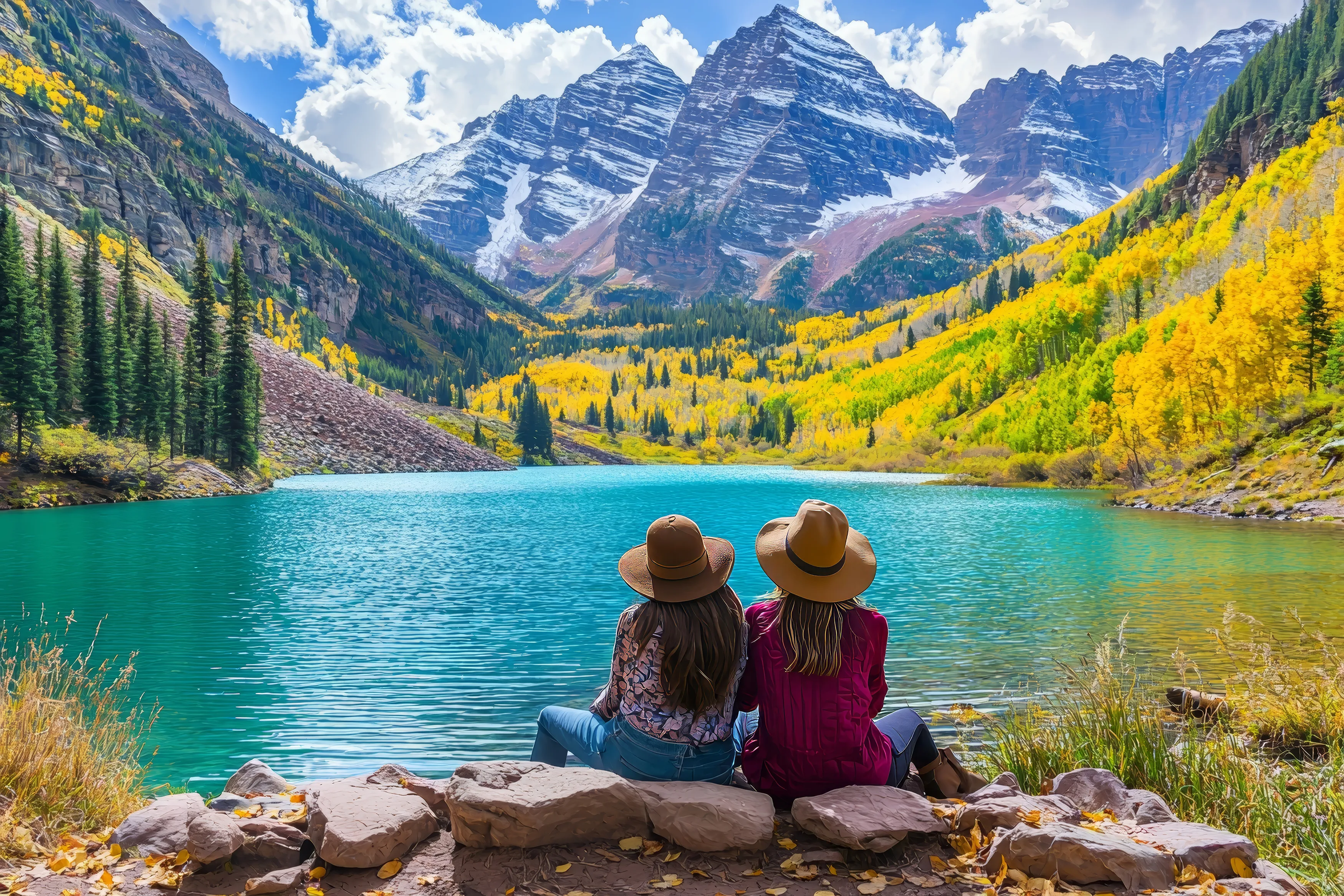 Two people resting beside a still mountain lake